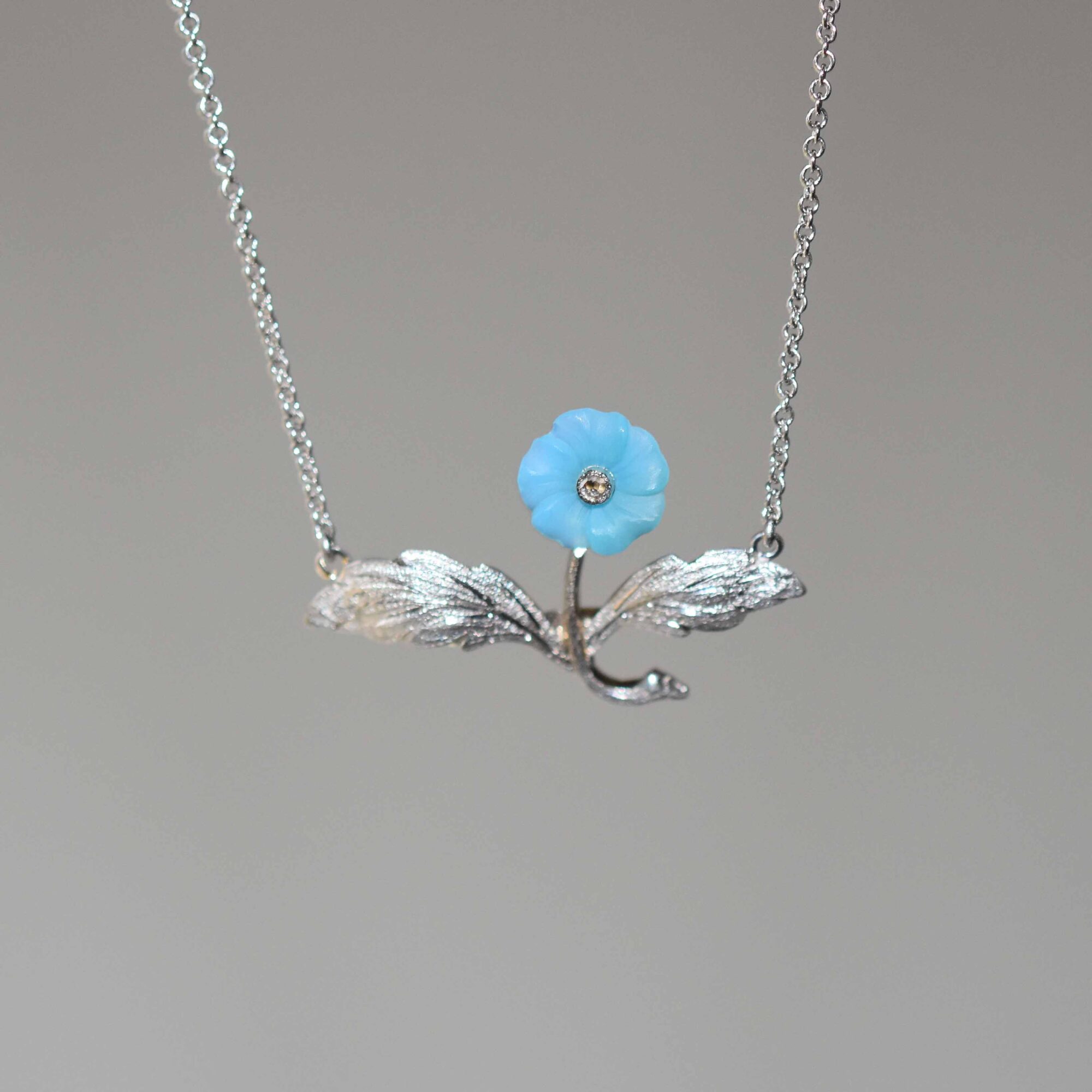 Art Deco blue chalcedony and diamond flower white gold necklace *reserved for B*