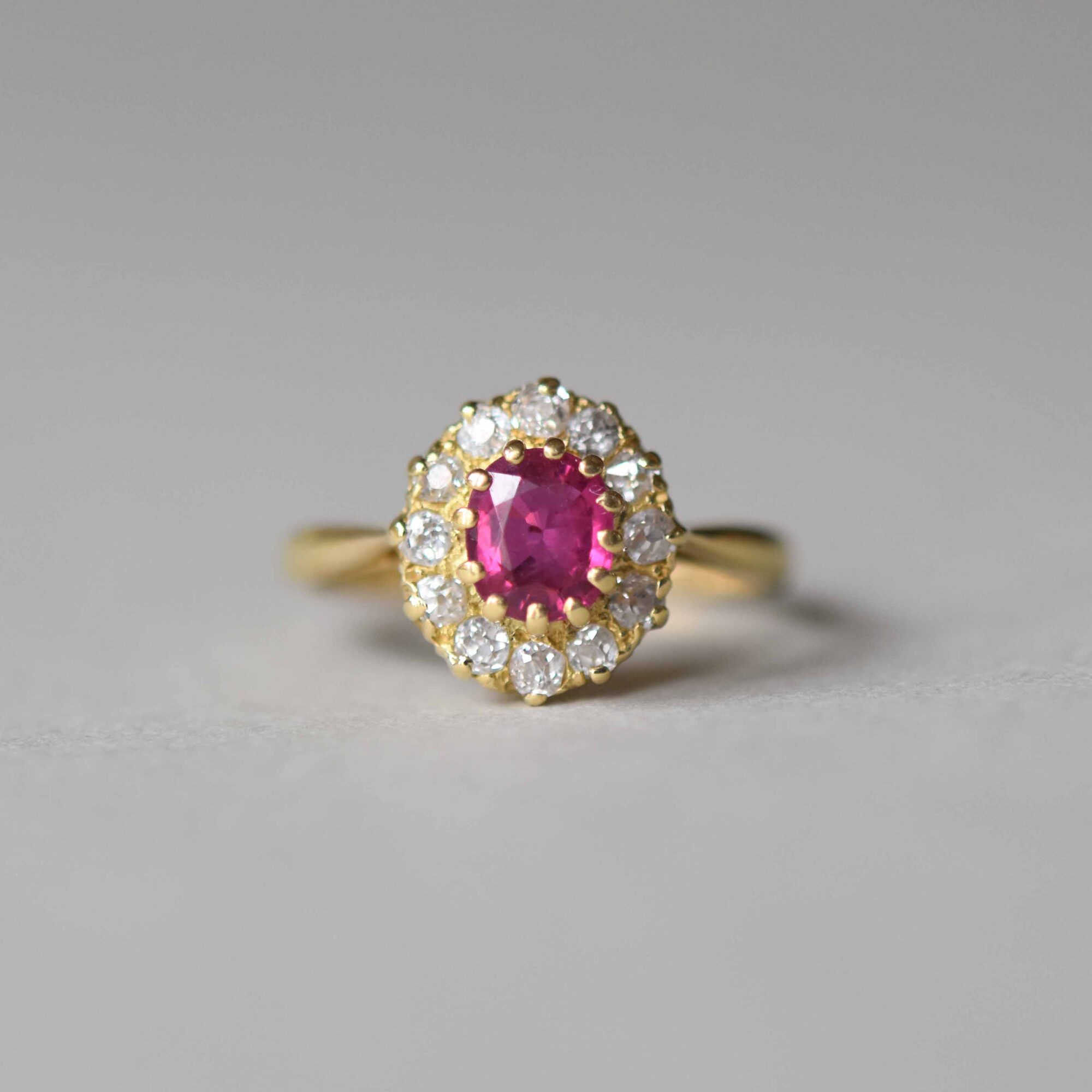 Antique Edwardian 18ct gold ruby and old cut diamond cluster ring c.1910