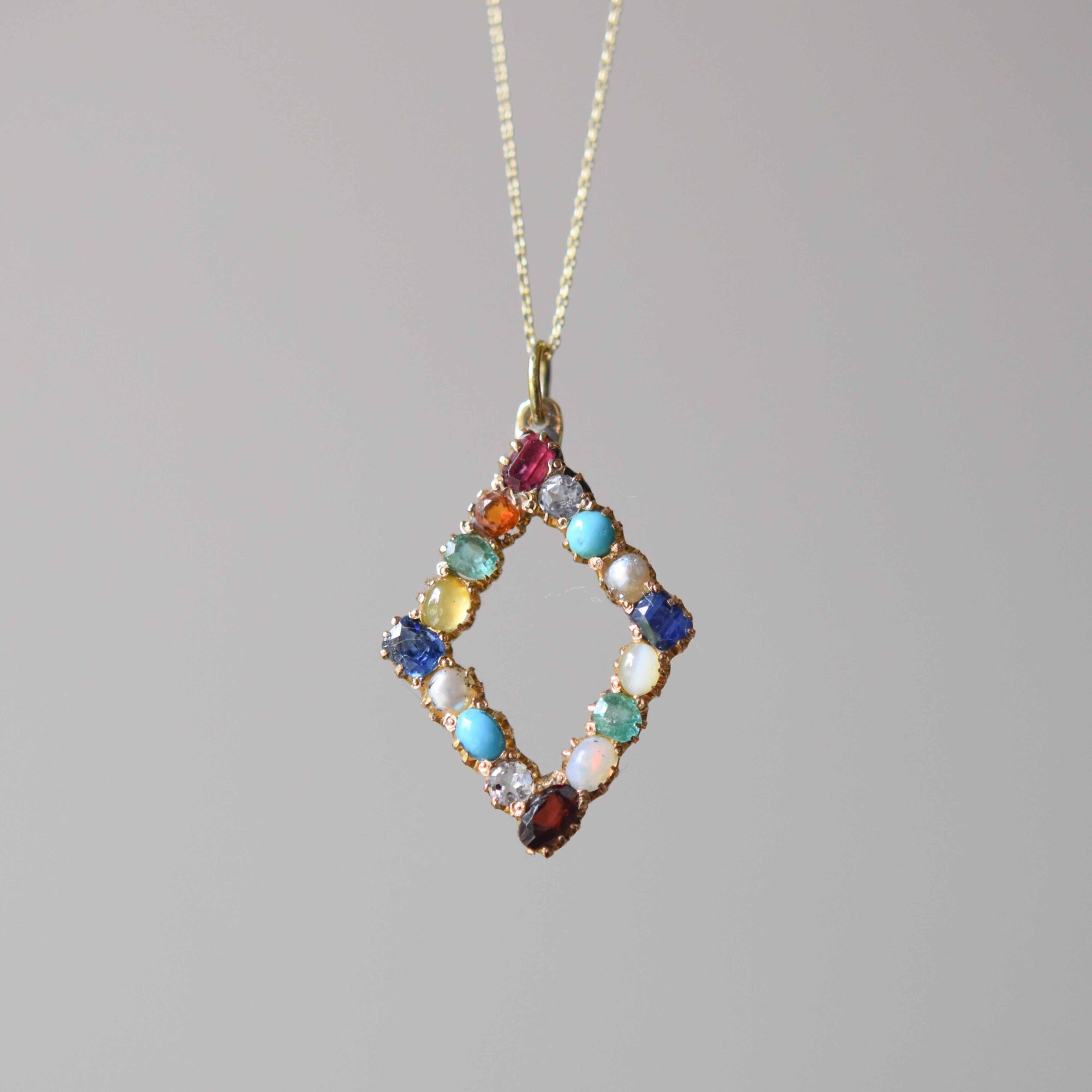 Antique Victorian 18ct gold multi gemstone harlequin lozenge pendant
