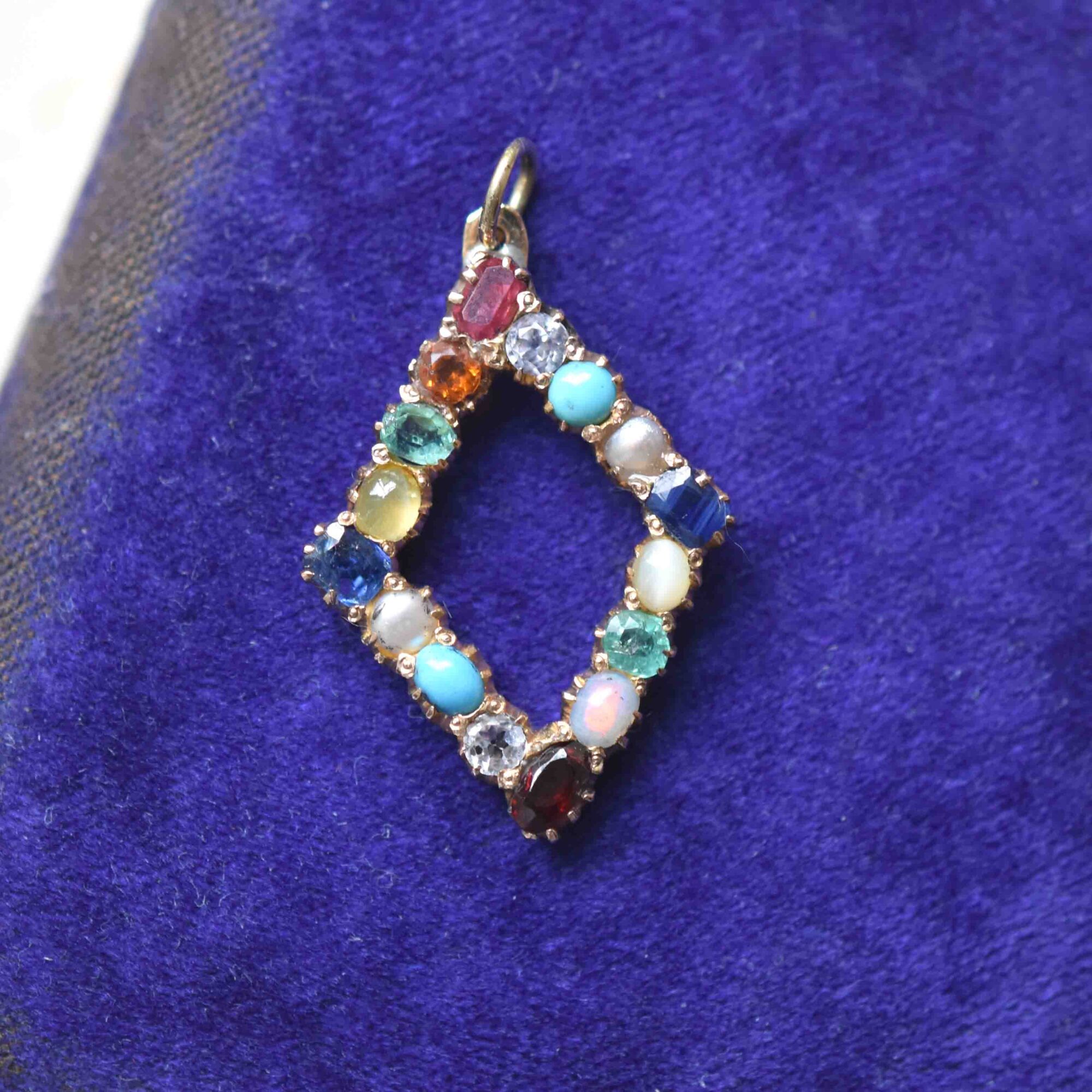 Antique Victorian 18ct gold multi gemstone harlequin lozenge pendant - Image 2