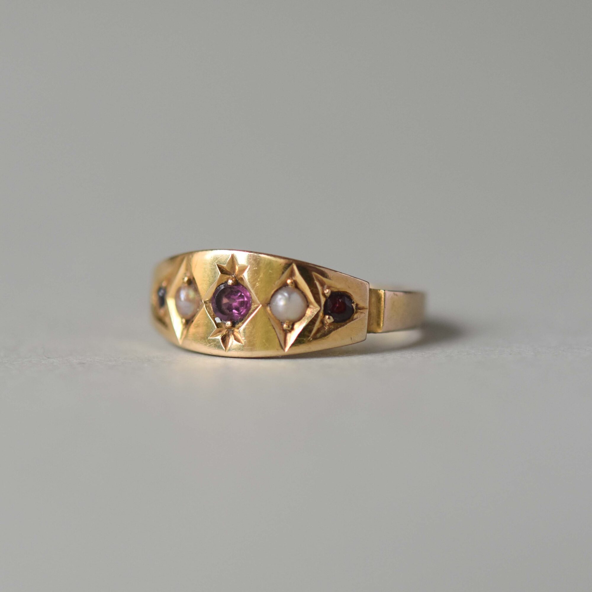 Victorian 18ct gold amethyst, garnet and pearl starburst band ring - Image 2