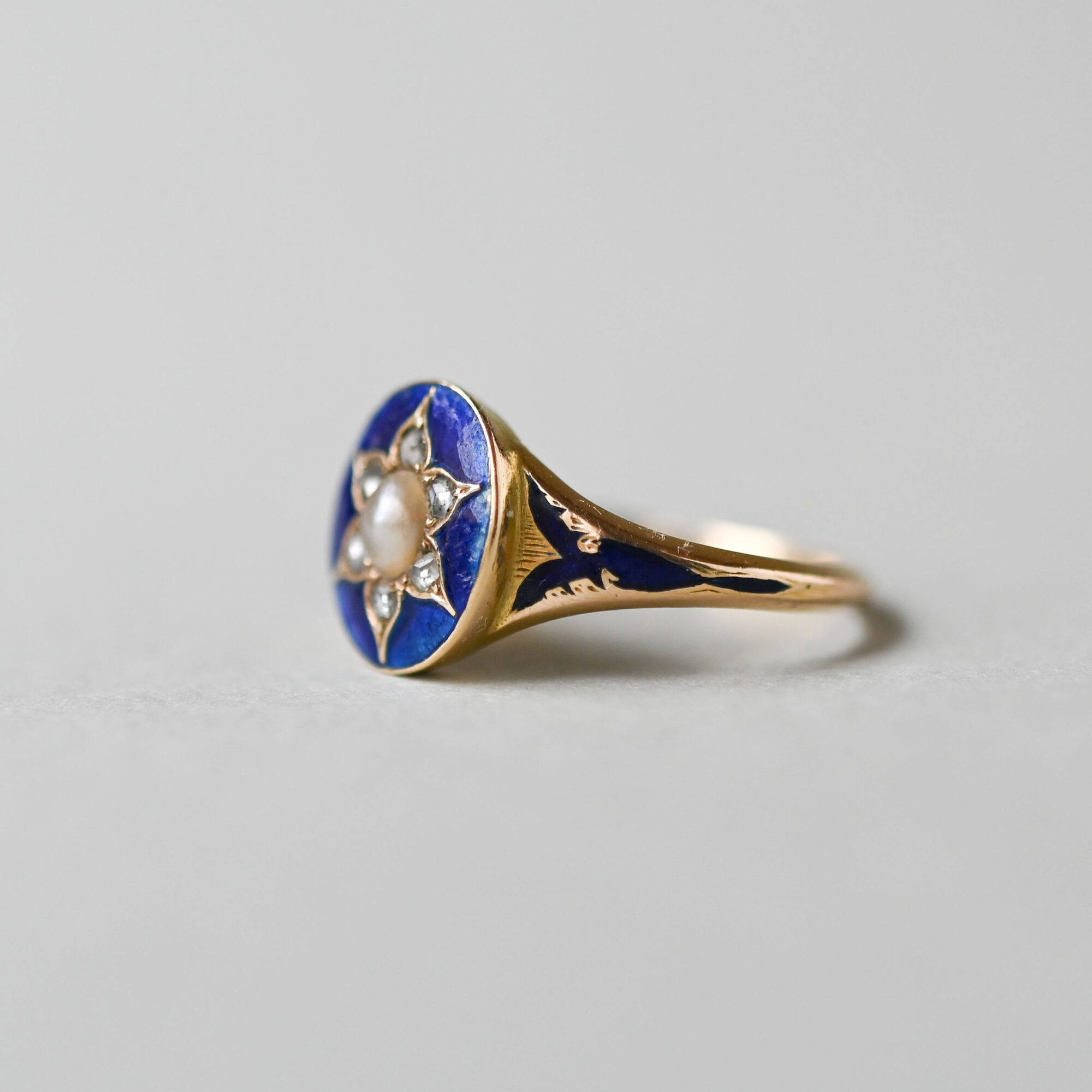 Victorian 18ct gold pearl, rose cut diamond and blue enamel starburst ring - Image 4