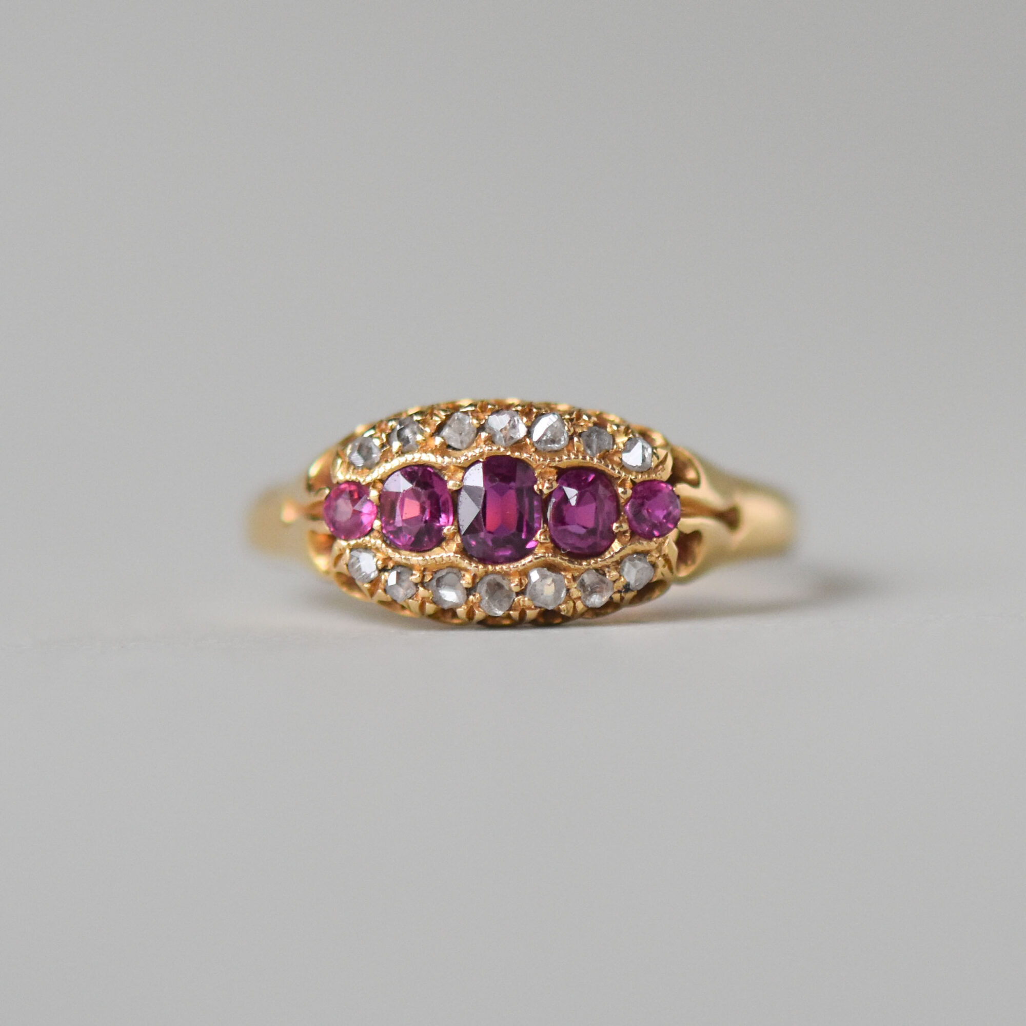 Victorian ruby and rose cut diamond 18ct gold ring, c.1880s