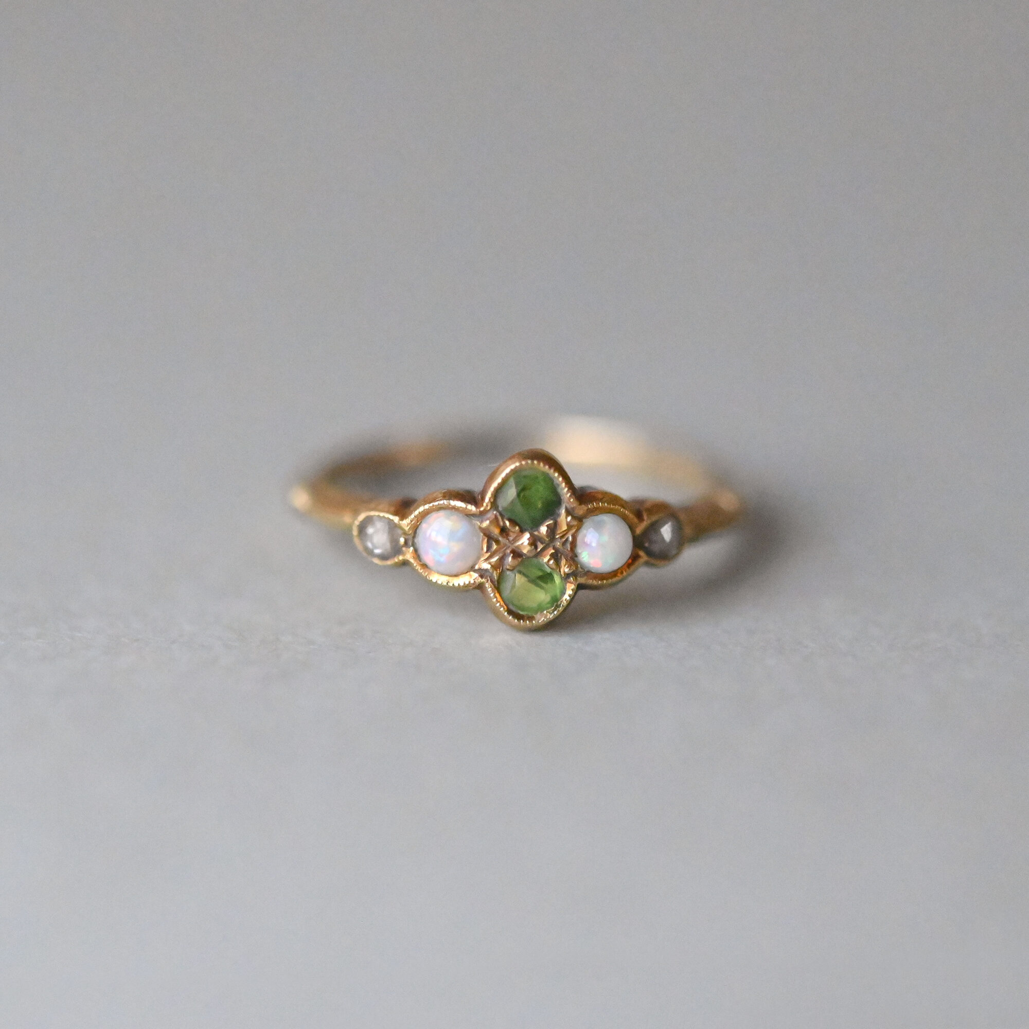 Antique Edwardian 9ct gold opal, peridot and rose cut diamond ring