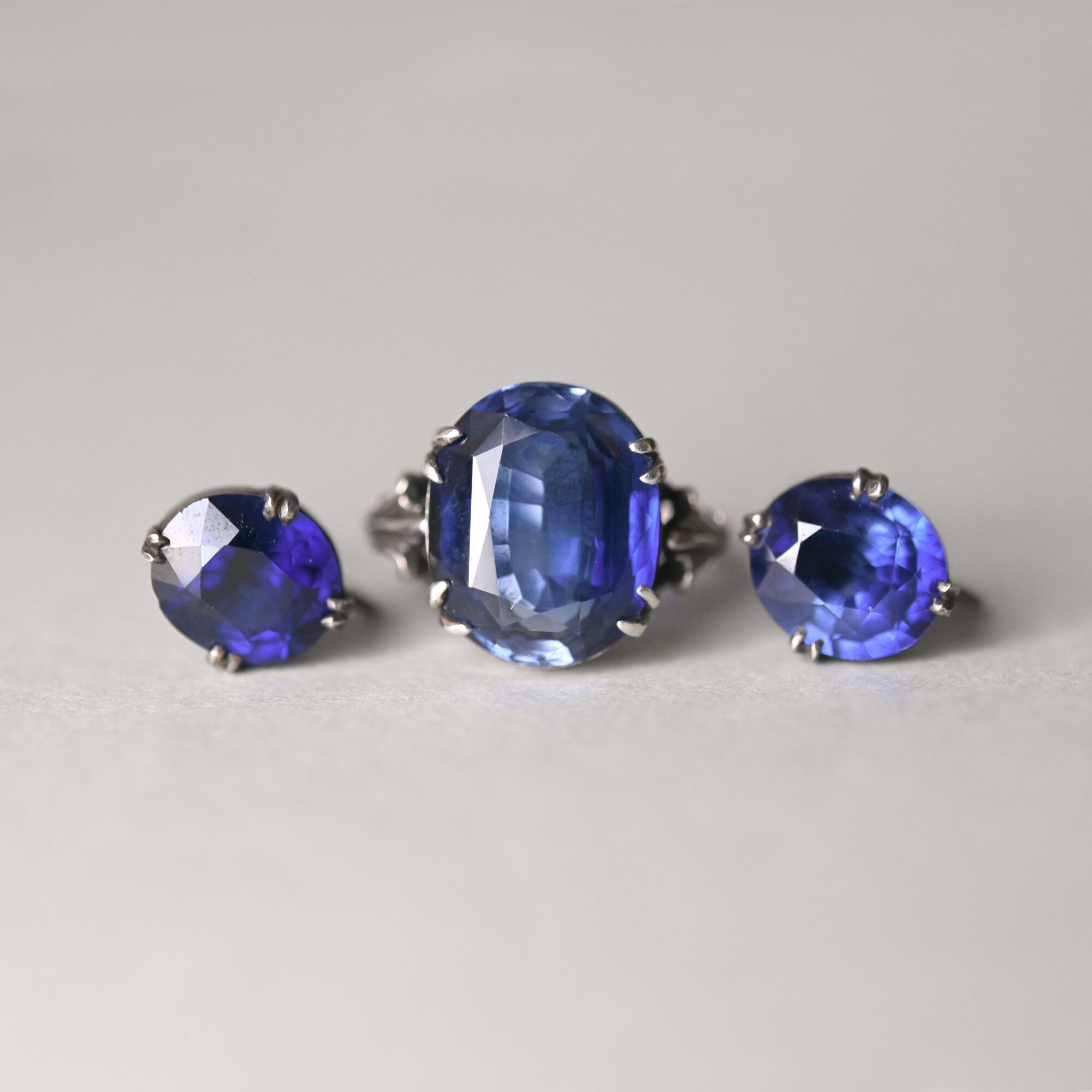 Arts and Crafts sapphire ring and earring set, attributed to Sibyl Dunlop 1920s