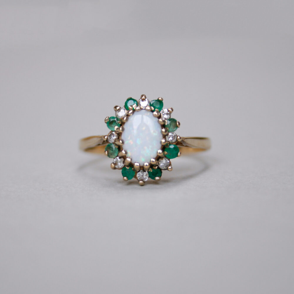 Vintage 9ct gold opal, emerald and mini diamond cluster ring