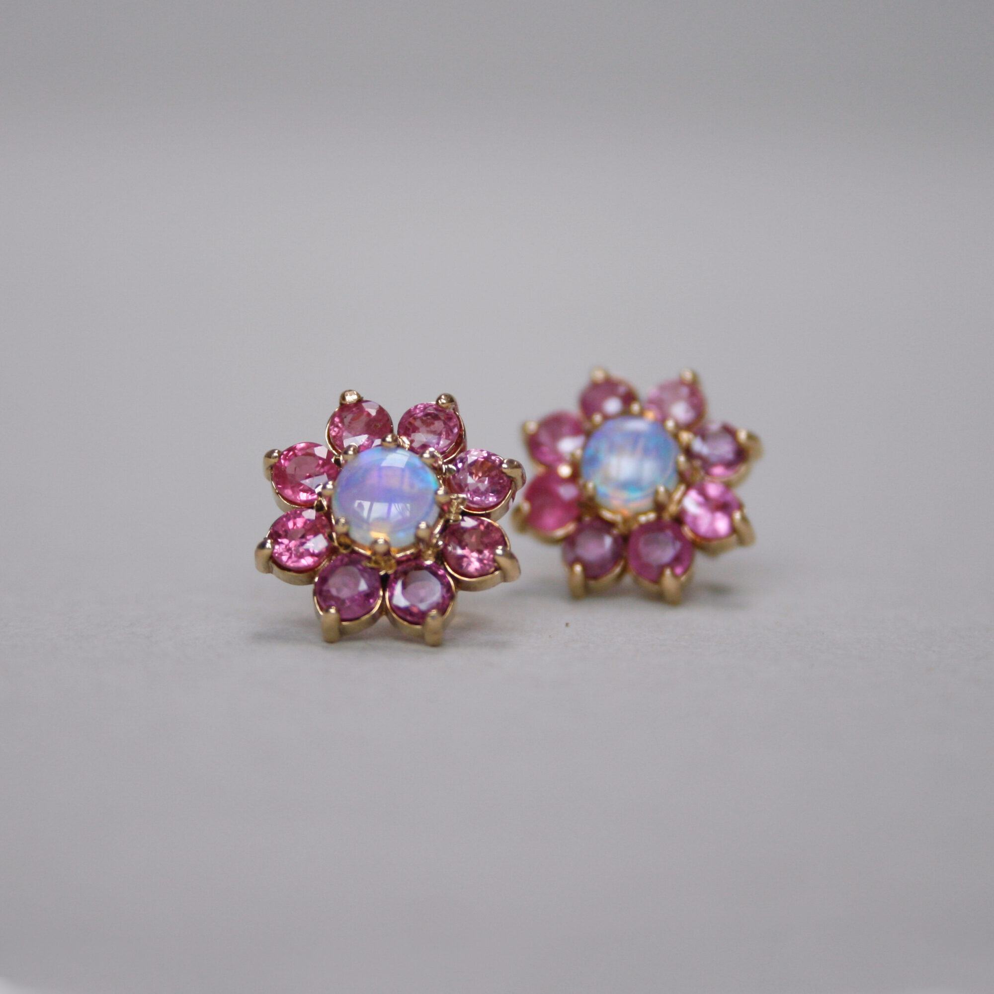 Contemporary pair of 9ct gold ruby and opal cluster earrings - Image 2