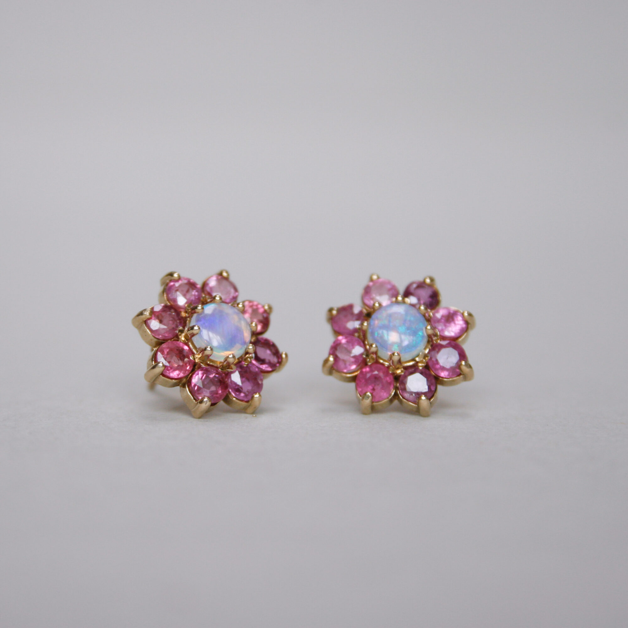 Contemporary pair of 9ct gold ruby and opal cluster earrings - Image 3