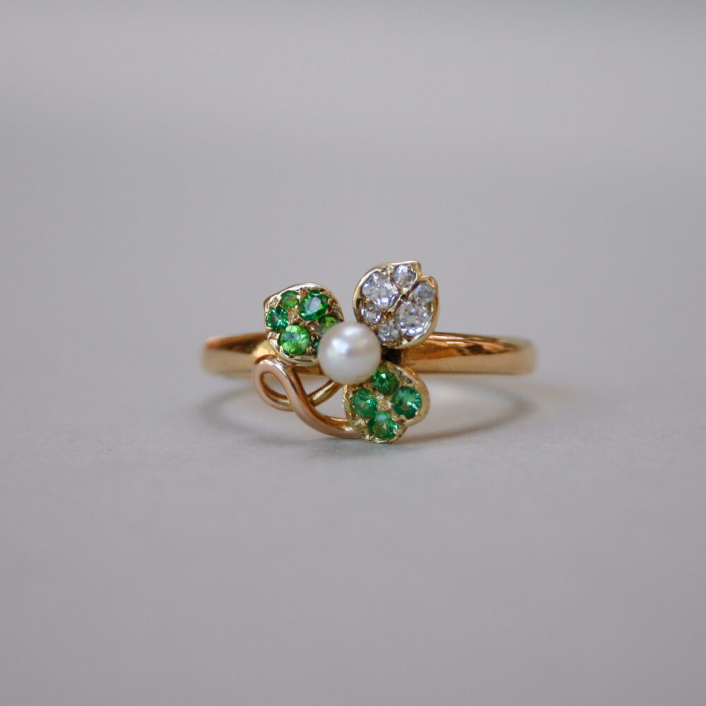 Antique late Victorian 18ct gold demantoid garnet, pearl and diamond shamrock ring