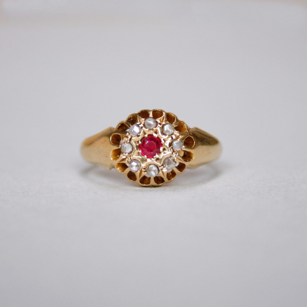 Antique 18ct gold ruby and rose cut diamond cluster ring, 1918