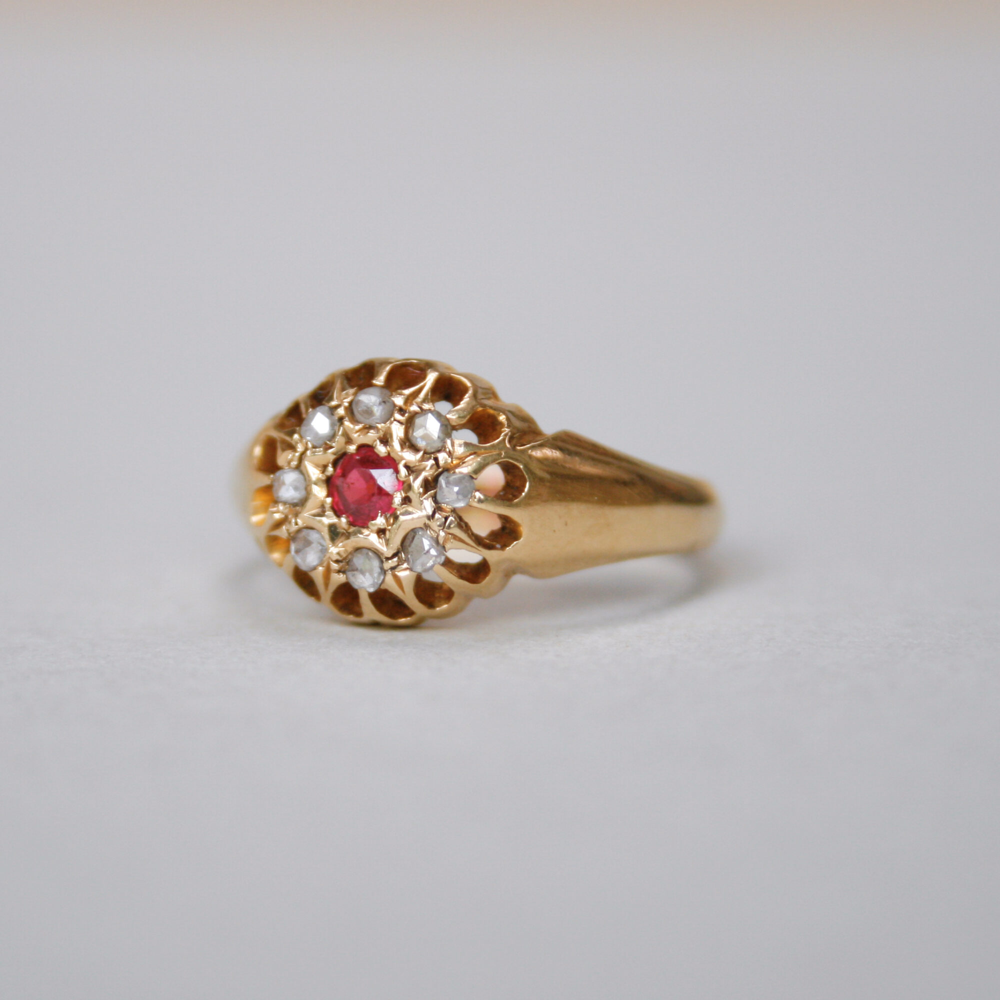 Antique 18ct gold ruby and rose cut diamond cluster ring, 1918 - Image 3