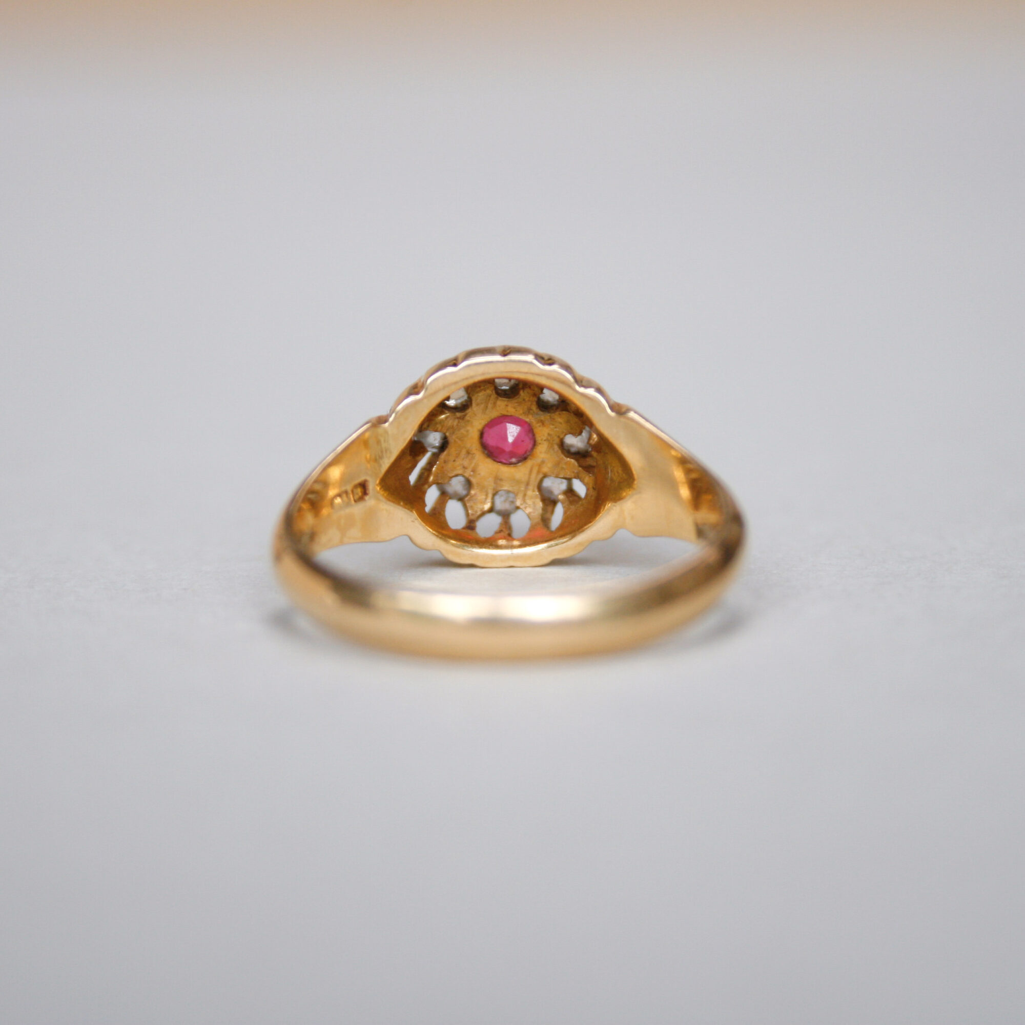 Antique 18ct gold ruby and rose cut diamond cluster ring, 1918 - Image 4