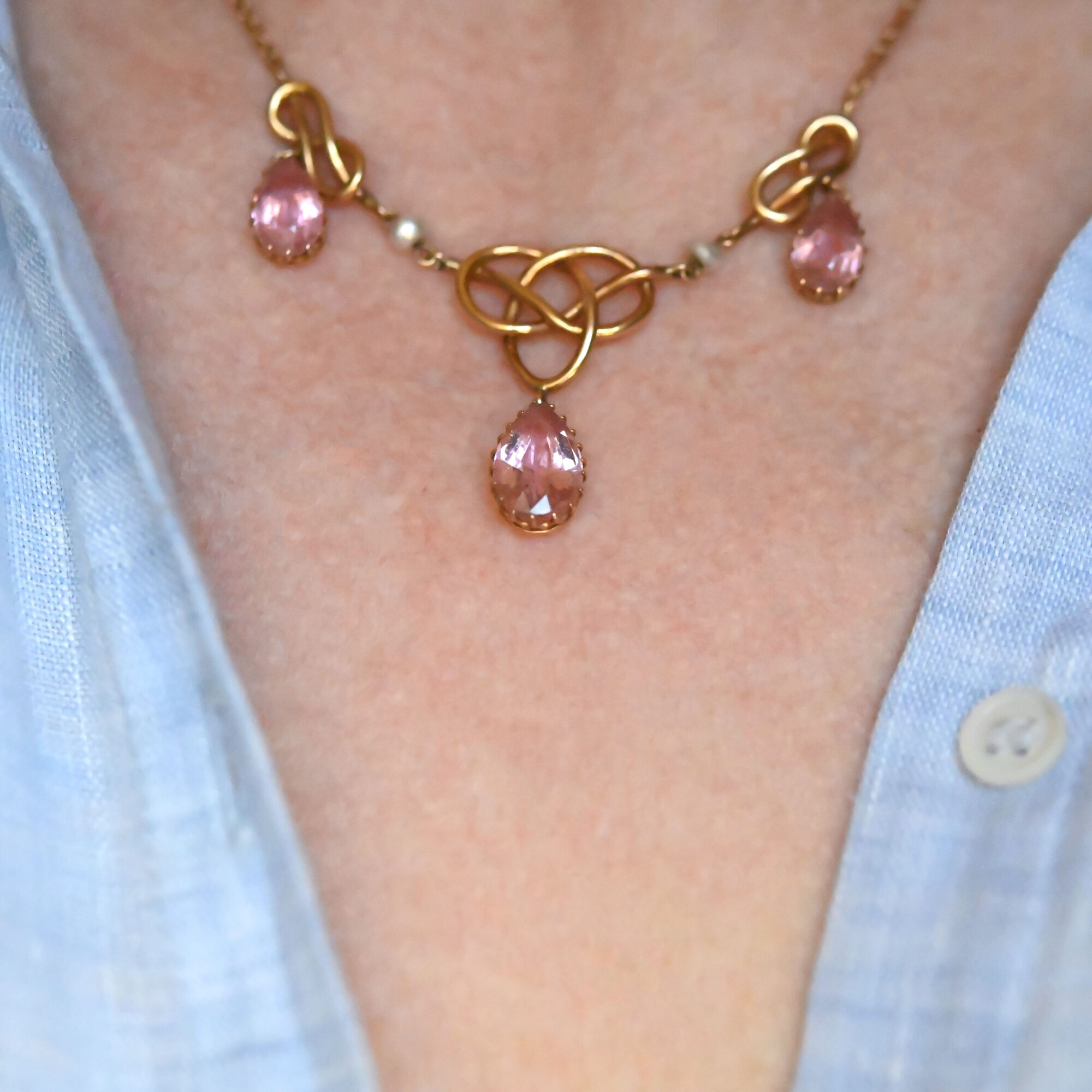 Edwardian 15ct gold pink tourmaline and pearl necklace c.1910 - Image 3