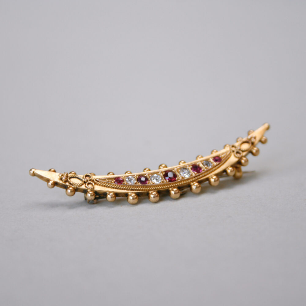 Victorian 15ct gold ruby and diamond crescent brooch, 1876