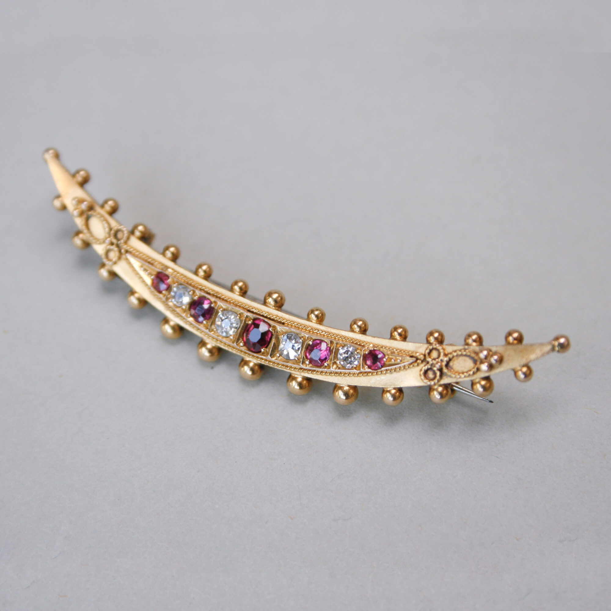 Victorian 15ct gold ruby and diamond crescent brooch, 1876 - Image 2