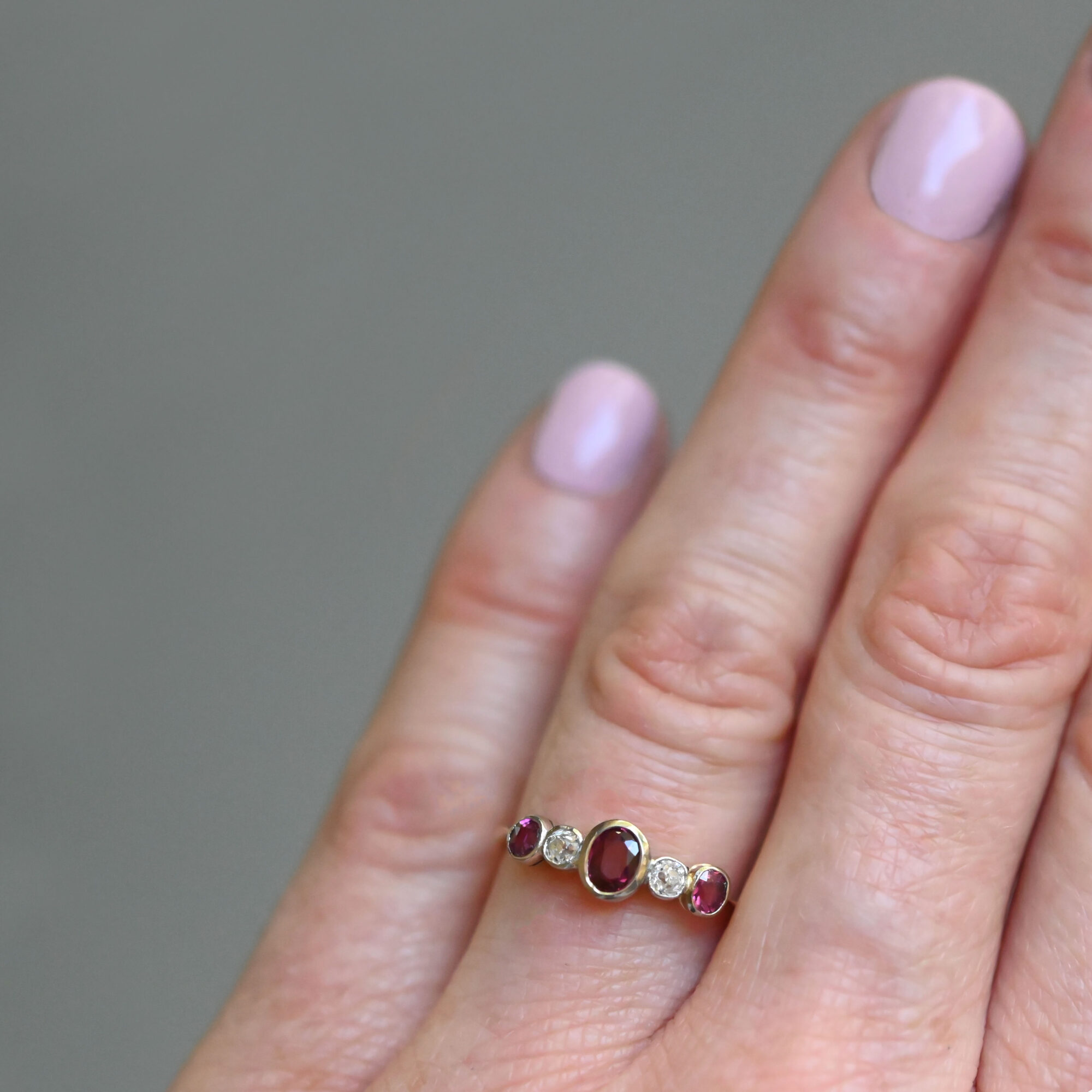 Edwardian 18ct gold ruby and diamond five stone ring, c.1910 - Image 5