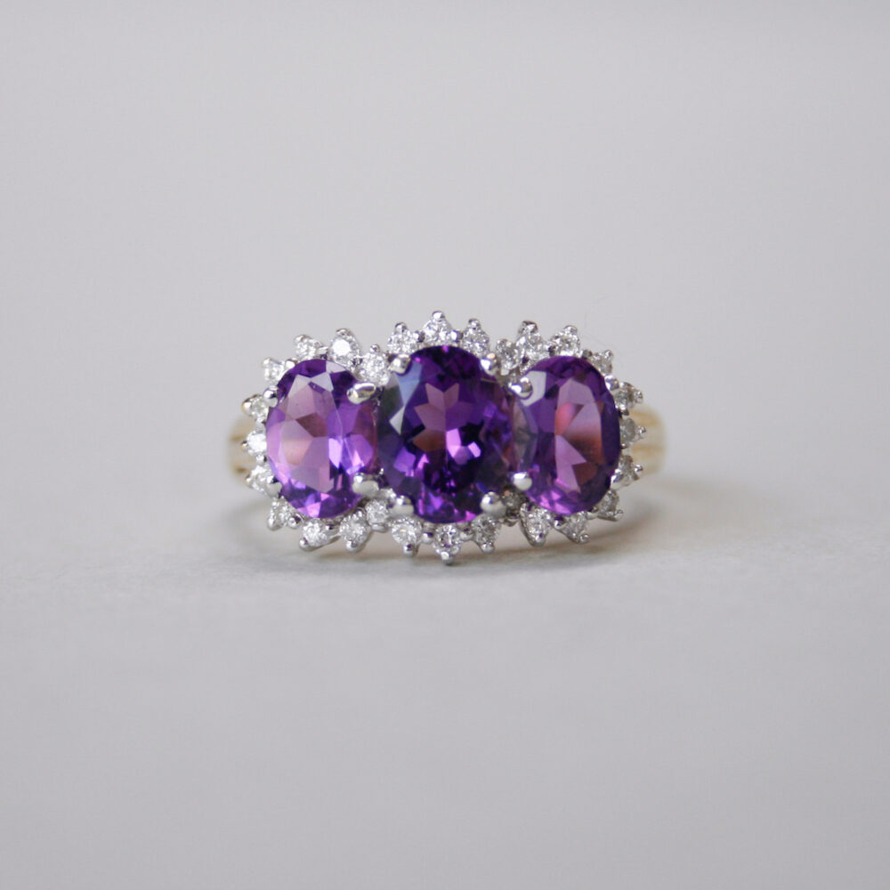 Aesthetic 9ct gold amethyst and diamond triple cluster ring