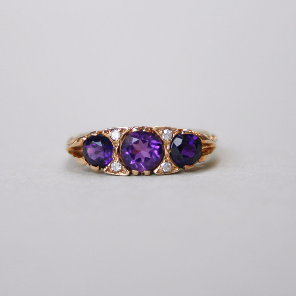 Classic 9ct gold amethyst and diamond three stone ring