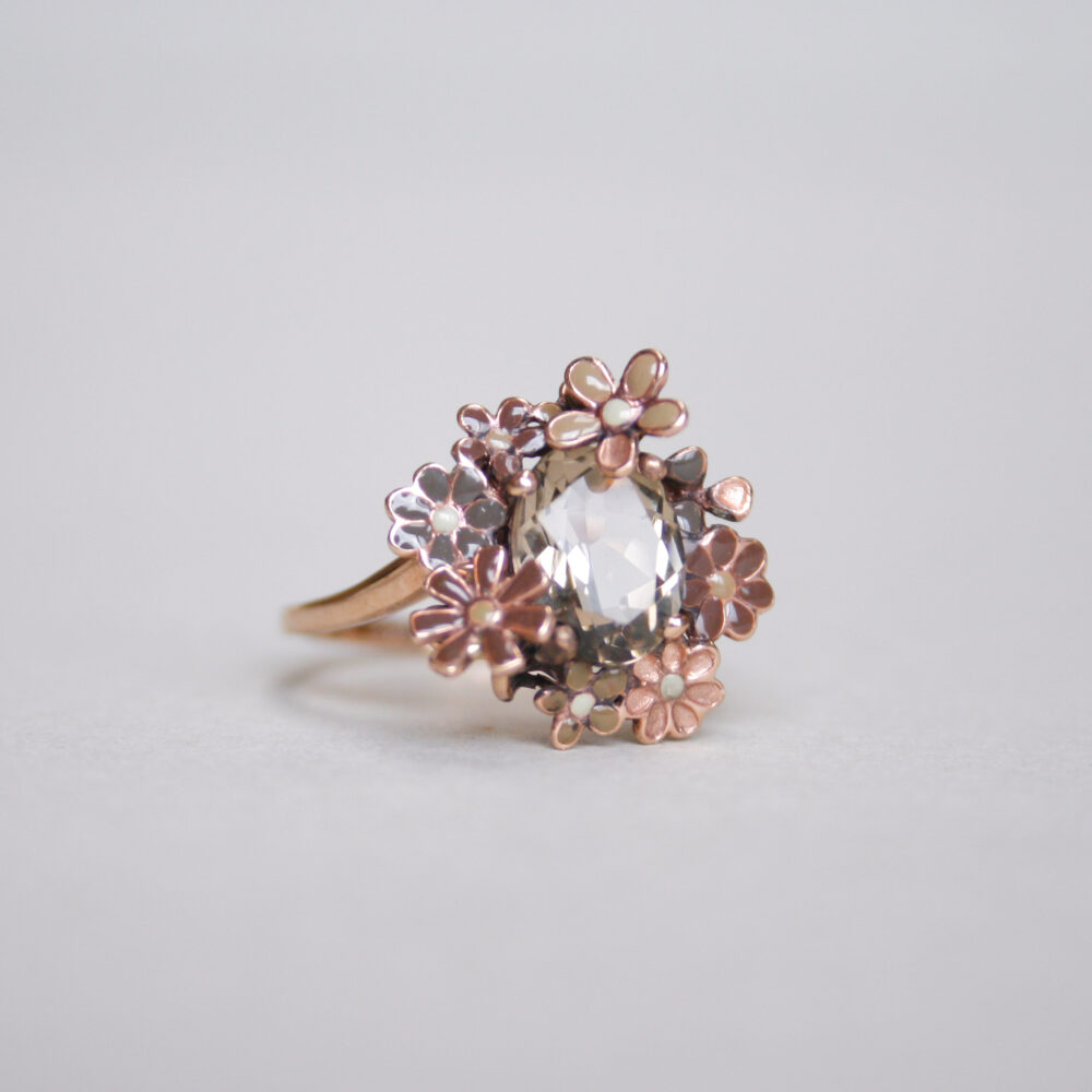 Aesthetic 9ct rose gold enamel flower and quartz ring