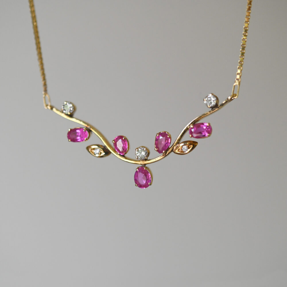 Contemporary 14ct gold ruby and diamond branch necklace
