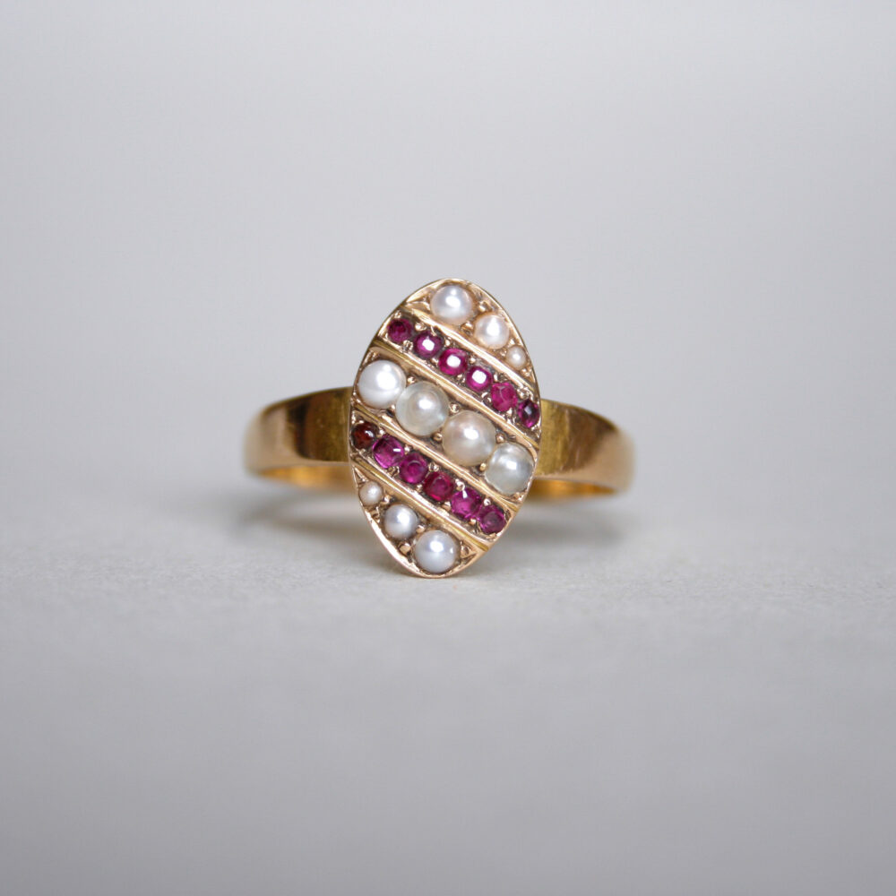 Antique Victorian 18ct gold ruby and pearl navette ring 1871
