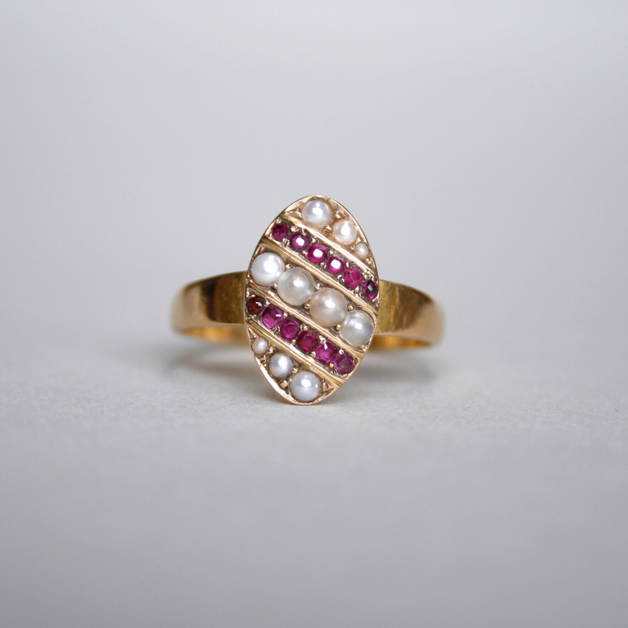 Antique Victorian 18ct gold ruby and pearl navette ring 1871