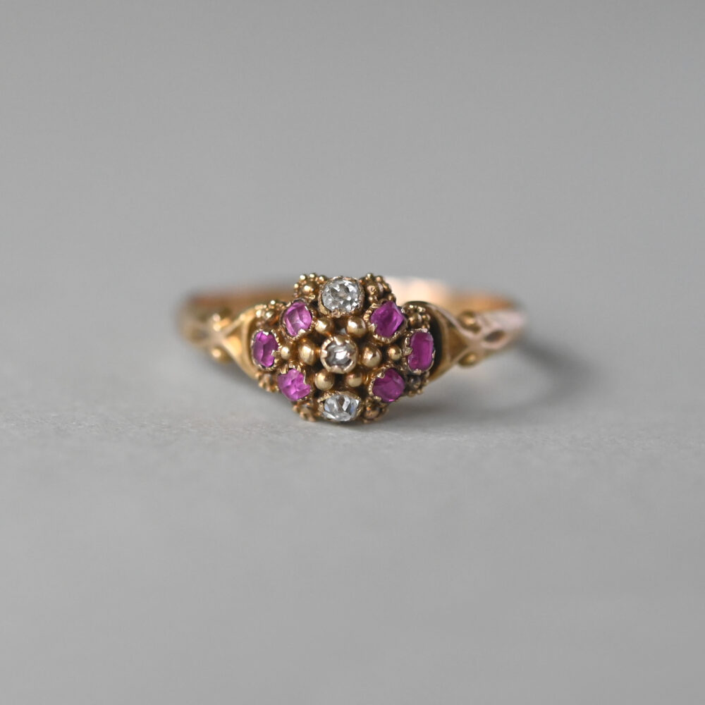 Victorian 15ct gold ruby and diamond locket back ring
