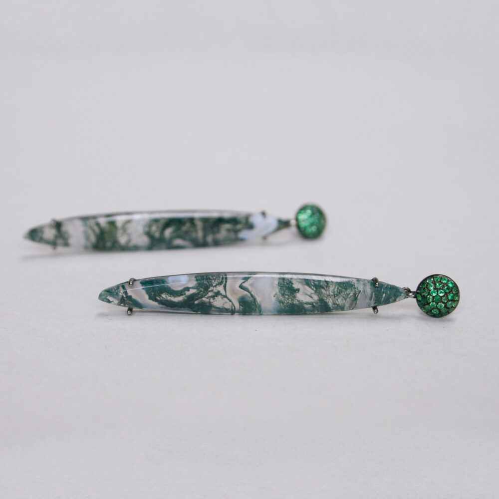 Contemporary pair of moss agate and green garnet 18ct black gold earrings
