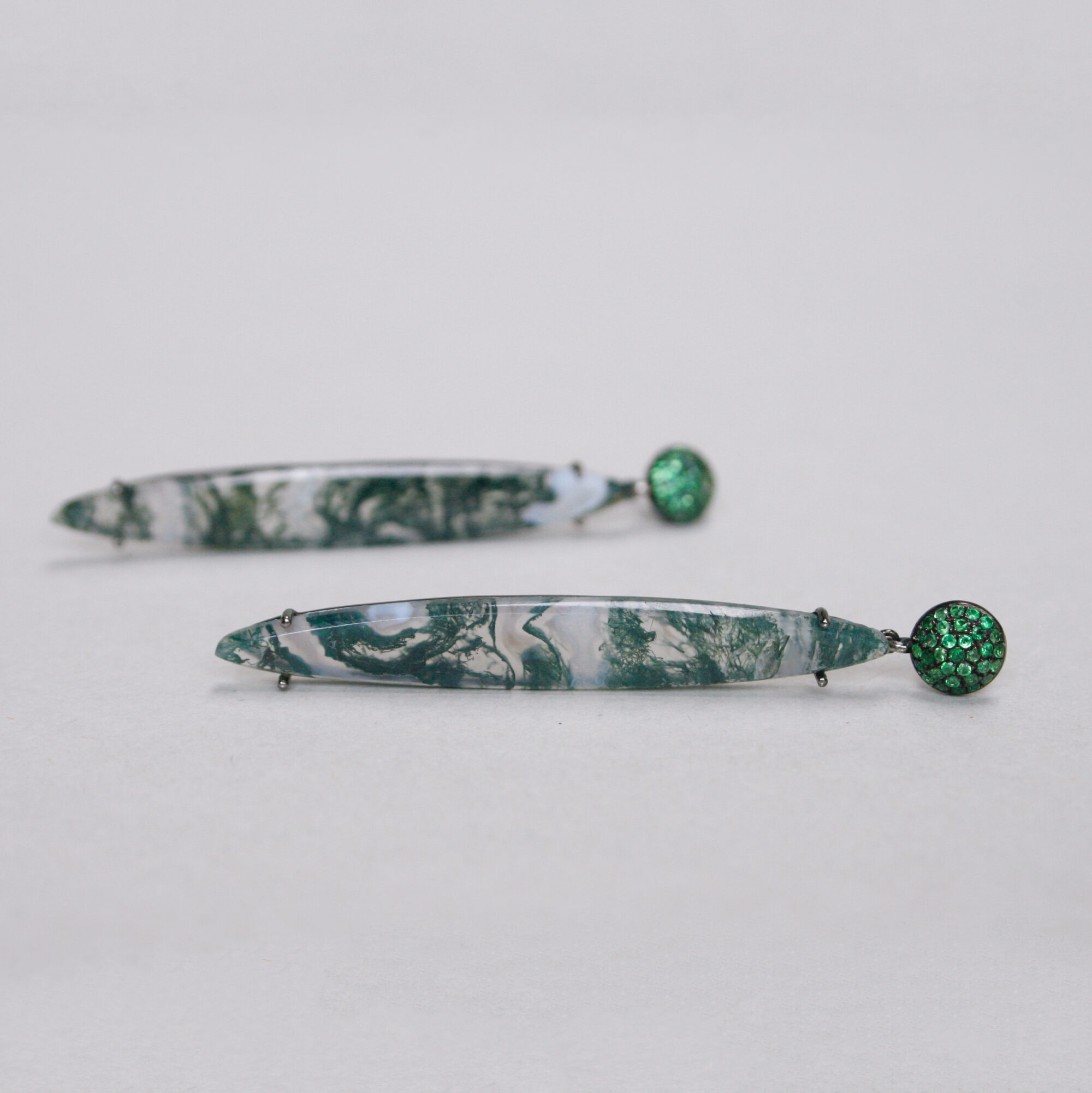 Contemporary pair of moss agate and green garnet 18ct black gold earrings