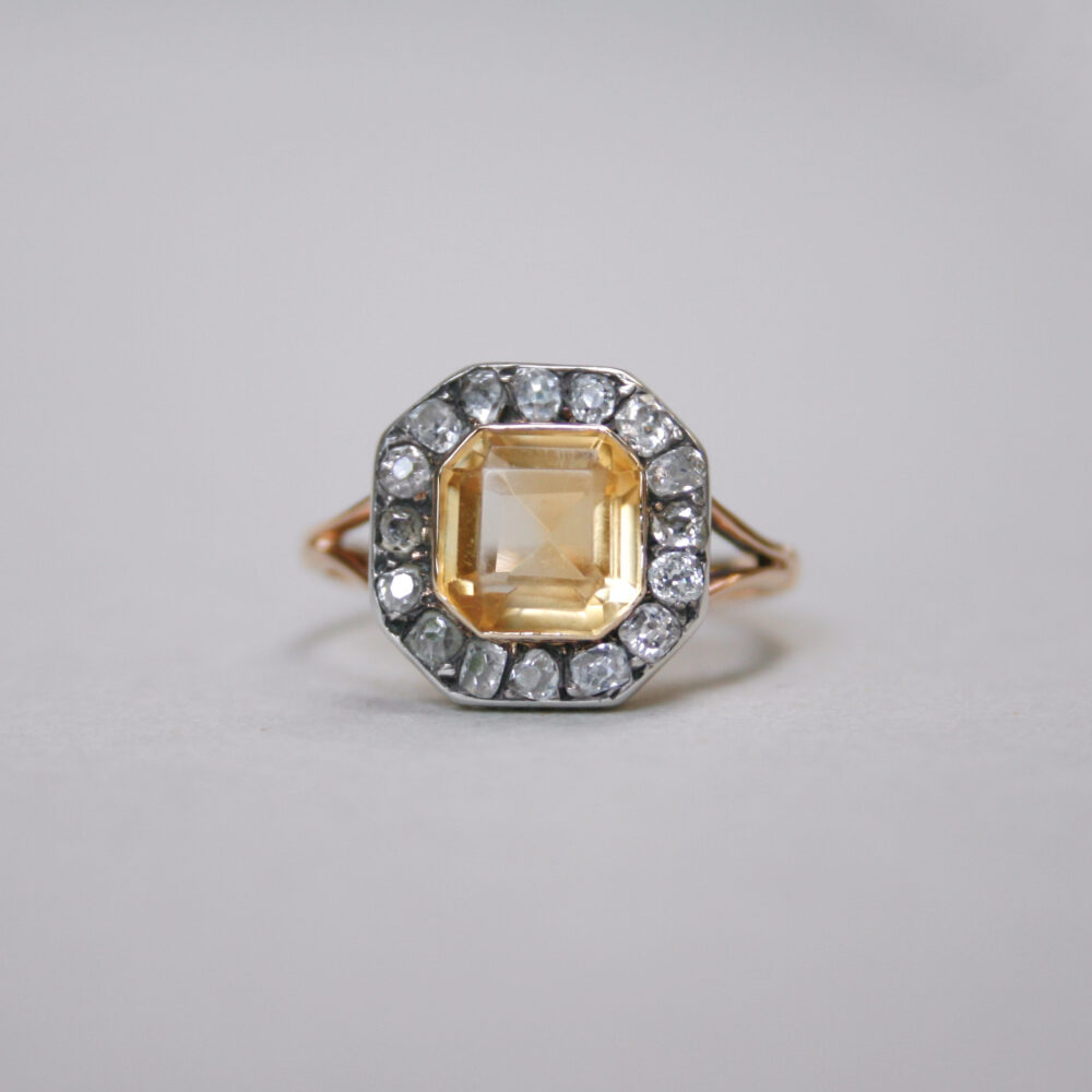 Early Victorian 15ct gold citrine and old cut diamond cluster ring, c.1840s