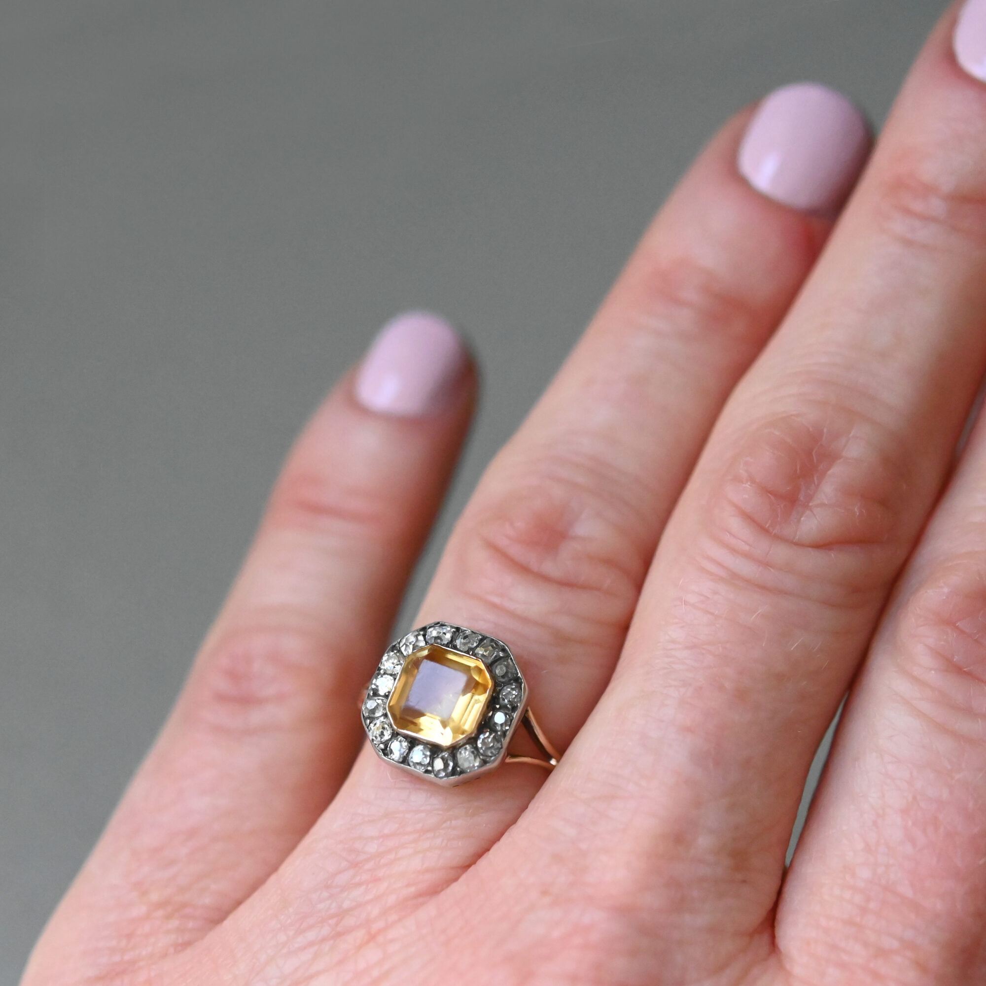 Early Victorian 15ct gold citrine and old cut diamond cluster ring, c.1840s - Image 3