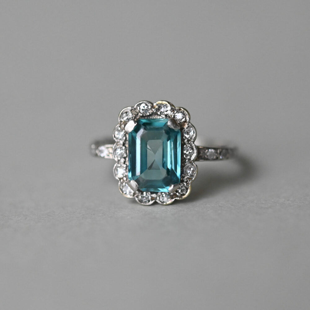 Antique Art Deco 18ct white gold step cut blue zircon and diamond cluster ring