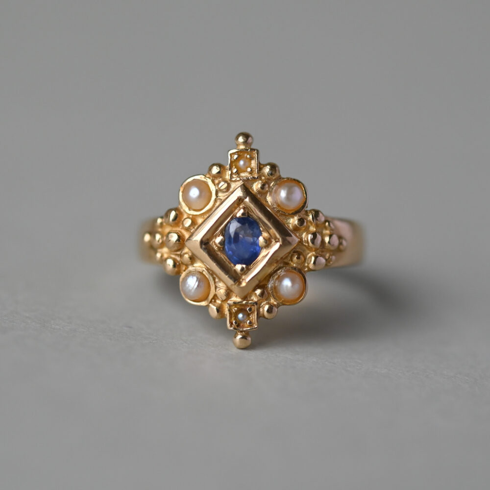 Contemporary Byzantine design 9ct gold sapphire and pearl ring