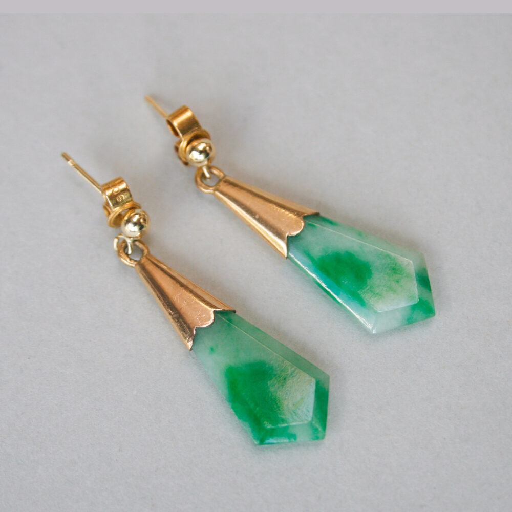 Antique pair of high carat gold jade drop earrings, c.1920s