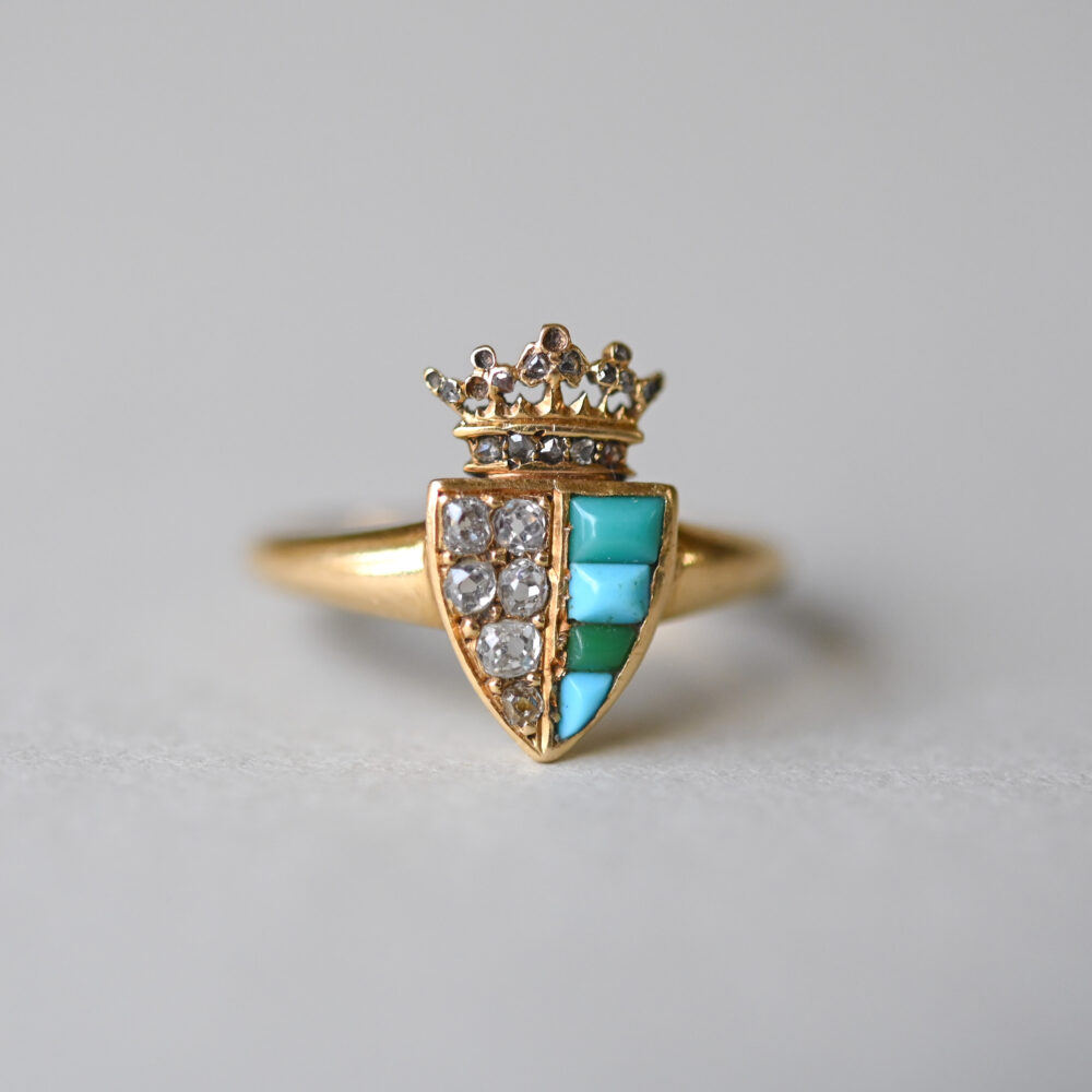 Victorian 18ct gold turquoise and old cut diamond crown shield ring, c.1860s