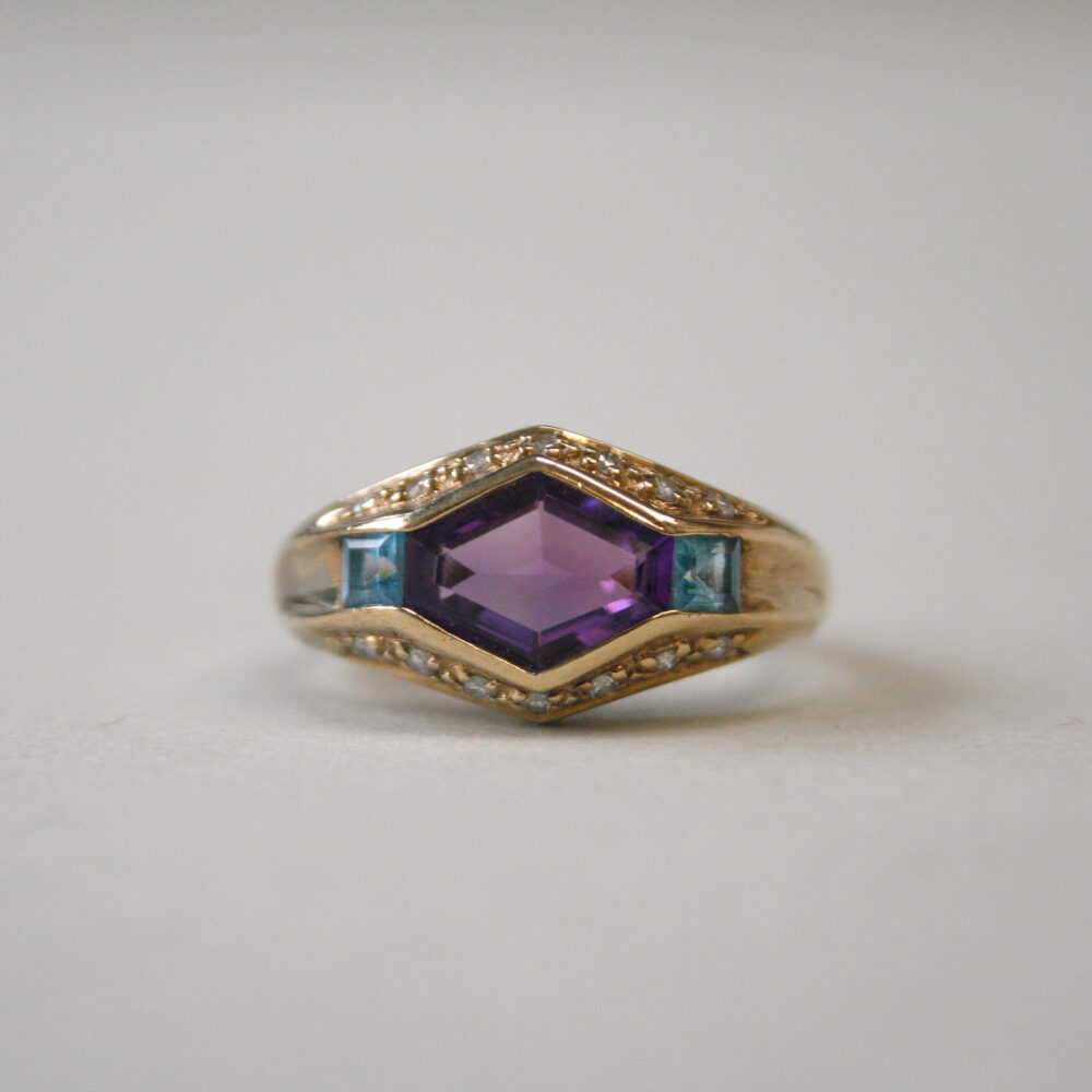 Contemporary 9ct gold amethyst, topaz and mini diamond geometric ring