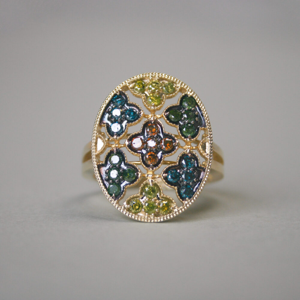 Contemporary 9ct gold multi colour diamond quatrefoil openwork ring