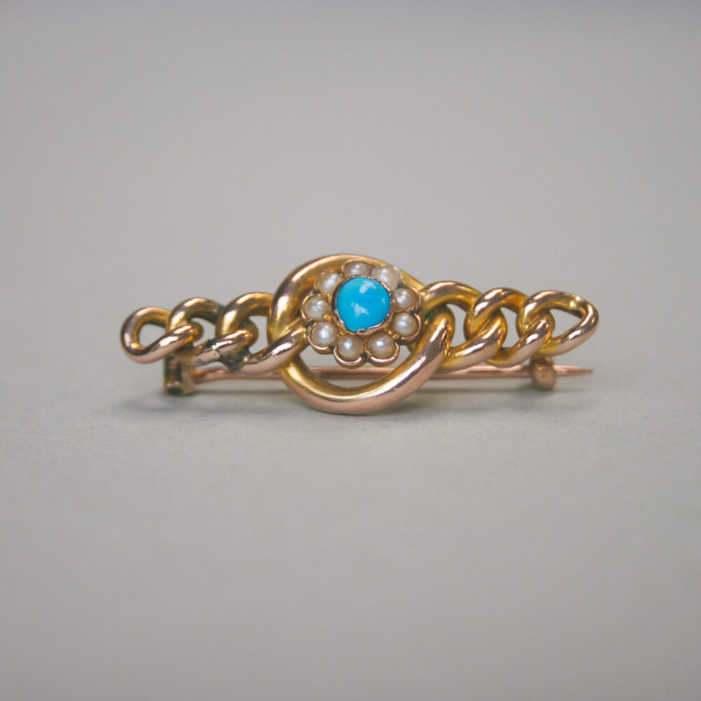Victorian 9ct gold pearl and turquoise cluster chain link brooch, c.1890s