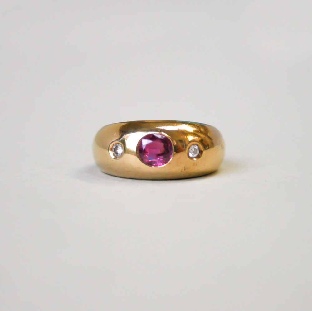Classic 18ct gold ruby and diamond three stone band ring