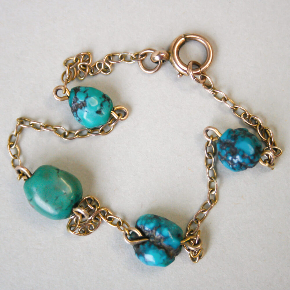 Vintage 9ct gold turquoise station bracelet, c.1940s