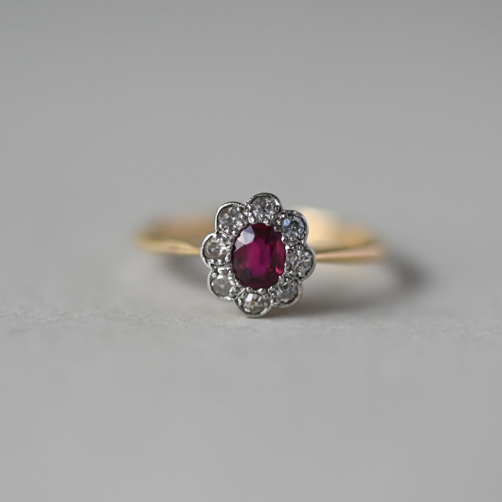 Art Deco 18ct gold platinum ruby and diamond cluster ring, c.1930s