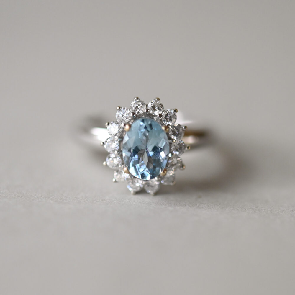 Classic 18ct white gold aquamarine and diamond cluster ring