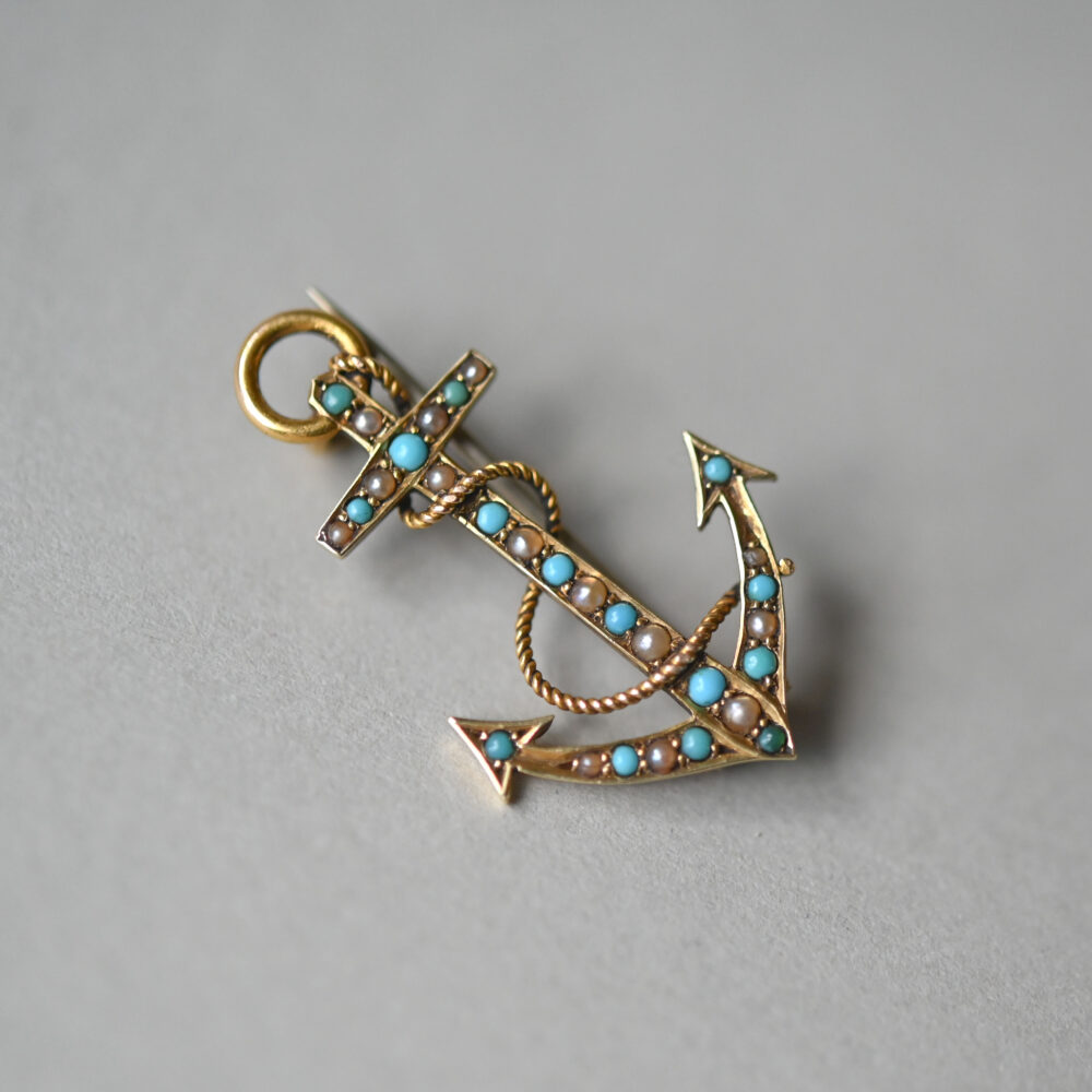 Victorian 15ct gold turquoise and pearl anchor brooch, c.1880s