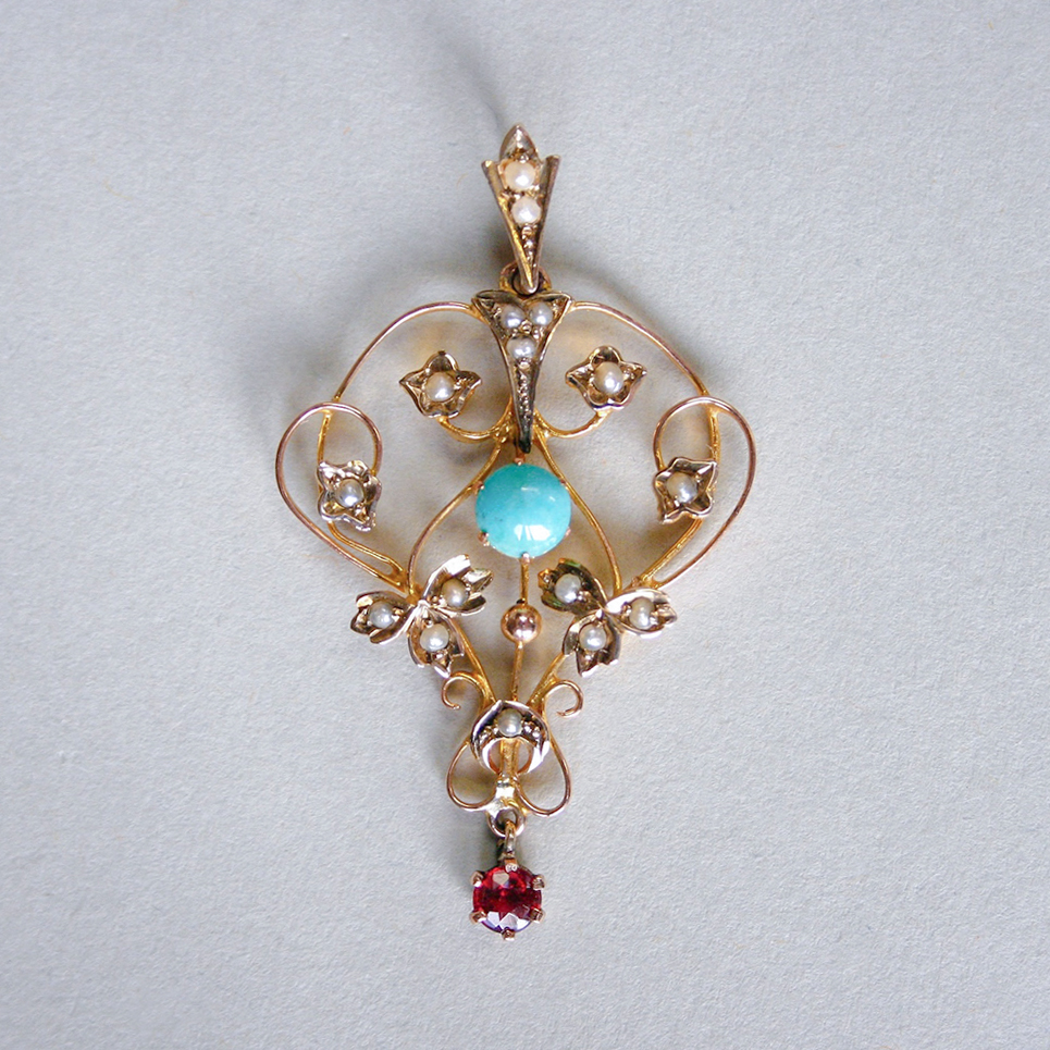 Antique Edwardian 9ct gold turquoise, pearl and garnet lavalier drop pendant