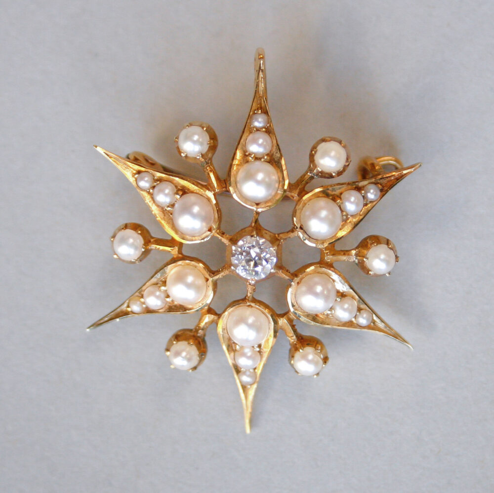 Antique Victorian 15ct gold pearl old cut diamond star brooch pendant c.1860s - 1880s