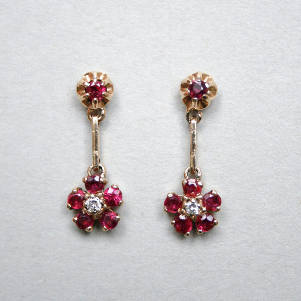 Cutie pair of 9ct gold ruby and diamond flower cluster drop earrings