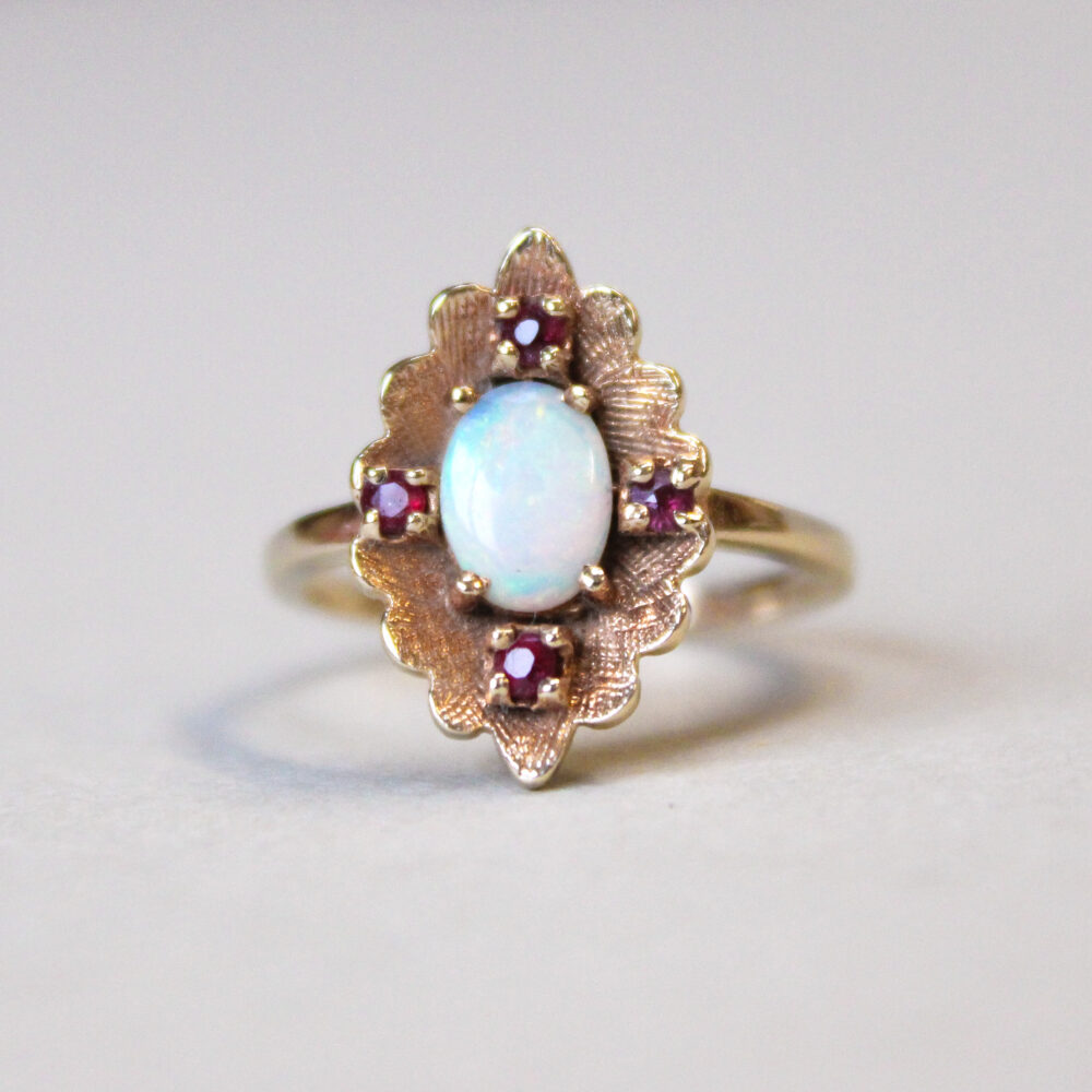 Vintage 9ct gold opal and ruby ring