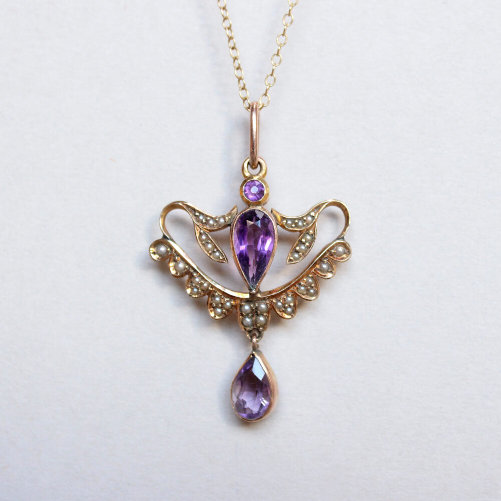 Antique Edwardian 9ct gold amethyst and pearl lavalier pendant, c.1910