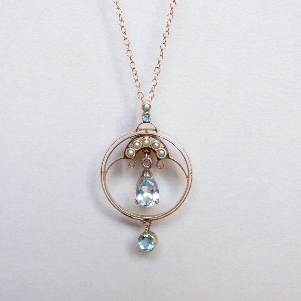 Edwardian 15ct gold aquamarine and pearl pendant, c.1900-1910