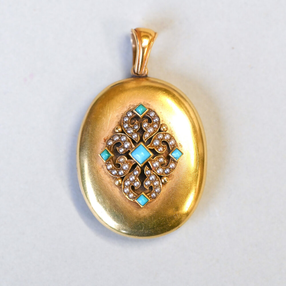 Victorian 15ct gold turquoise and pearl locket pendant, c.1860s